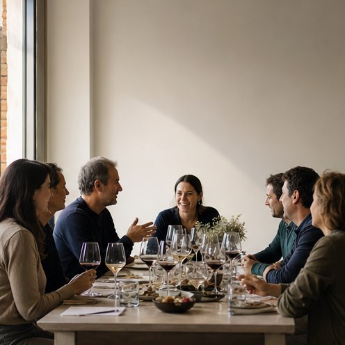 Grupo conversando alrededor de una mesa de cata con copas de vino