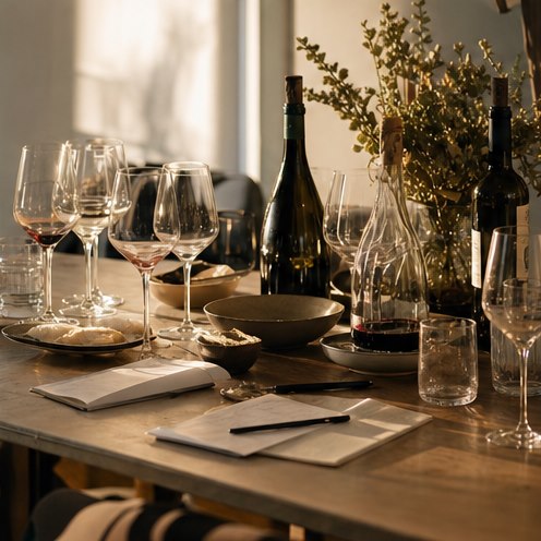 Mesa de cata con copas, botellas y notas