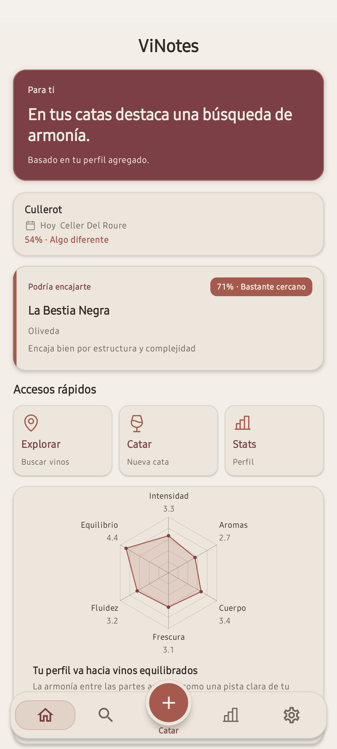 Pantalla inicial de ViNotes con perfil sensorial, afinidad y accesos rapidos